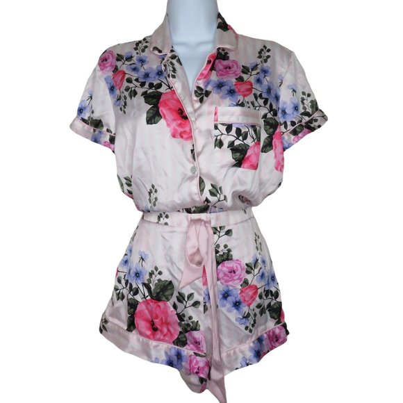 Victoria's Secret Pink Floral Satin Short Sleeve Romper Pajamas XS New Old Stock - Picture 2 of 13